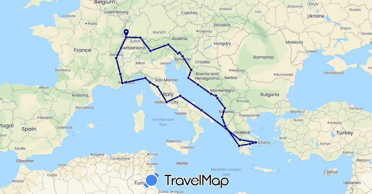TravelMap itinerary: driving in Albania, Austria, Germany, France, Greece, Croatia, Italy, Monaco, Montenegro, Slovenia (Europe)